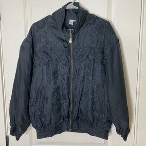 Vintage Pierre Cardin Silk Bomber Jacket PL Black Floral Logo Print FUDA Intl